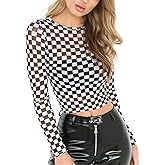 KACAOAC Women's Long Sleeve Checkered Print Sexy See Through Sheer Mesh Crop Top Tee T Shirts