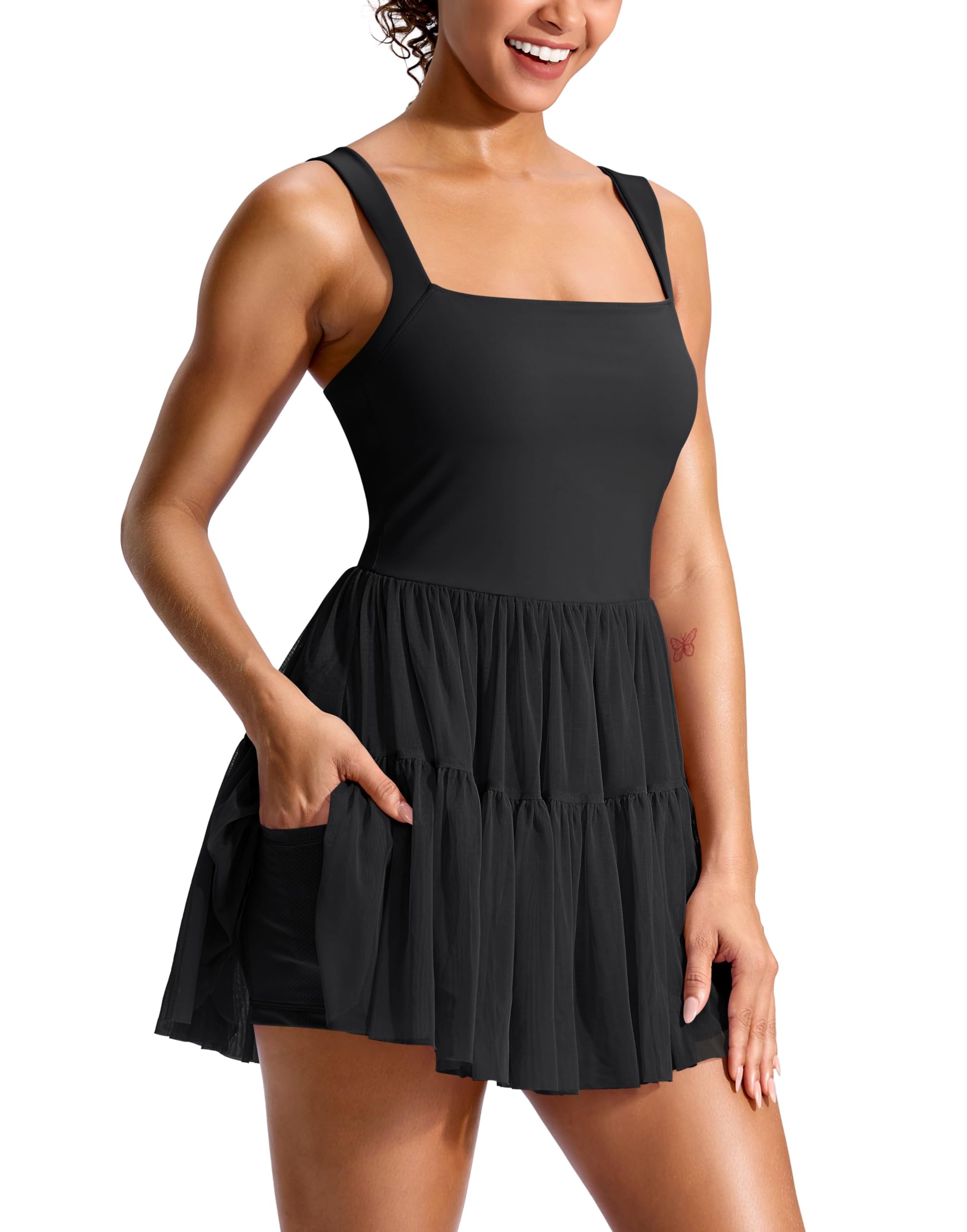 Photo 1 of Soothfeel Tennis Dresses for Women Athletic Dress with Built in Shorts & Bra Flowy Golf Workout Dresses with Pockets Summer Black, X-Large