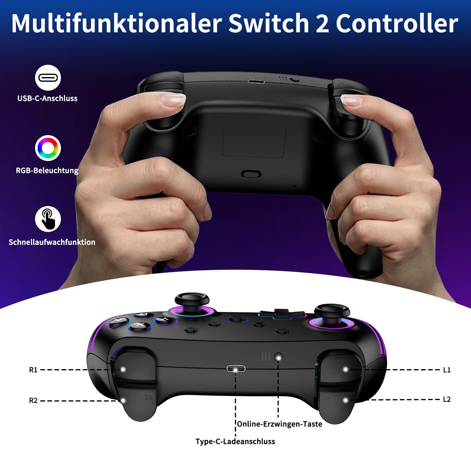 Reddening Switch 2 Controller 2 Stück mit Ladestation, Switch Controller für Switch 2/Switch/Lite/OLED/PC, Switch 2 Pro Controller mit RGB/Wake-up/Gyro-Achse/Dual-Vibration/Turbo/Screenshot 5