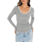 EasyGala Womens Cotton Ribbed Long Sleeve Shirts Lace V Neck T Shirts Fitted Sexy Going Out Tops Casual Fall Outfits