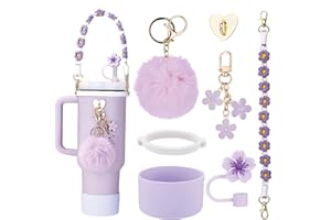 RHEWATIN Stanley Tumbler Accessories - 7pc Set for 30/40 oz Cup, Including Handle Strap, Cup Boot, Straw Cover, Plush Ball and Key Charm, Purple