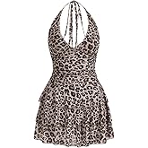 WDIRARA Women's Y2k Leopard Print Halter Dress Tie Backless Layered Ruffle Hem Mini Dresses Cheetah Mesh Dress