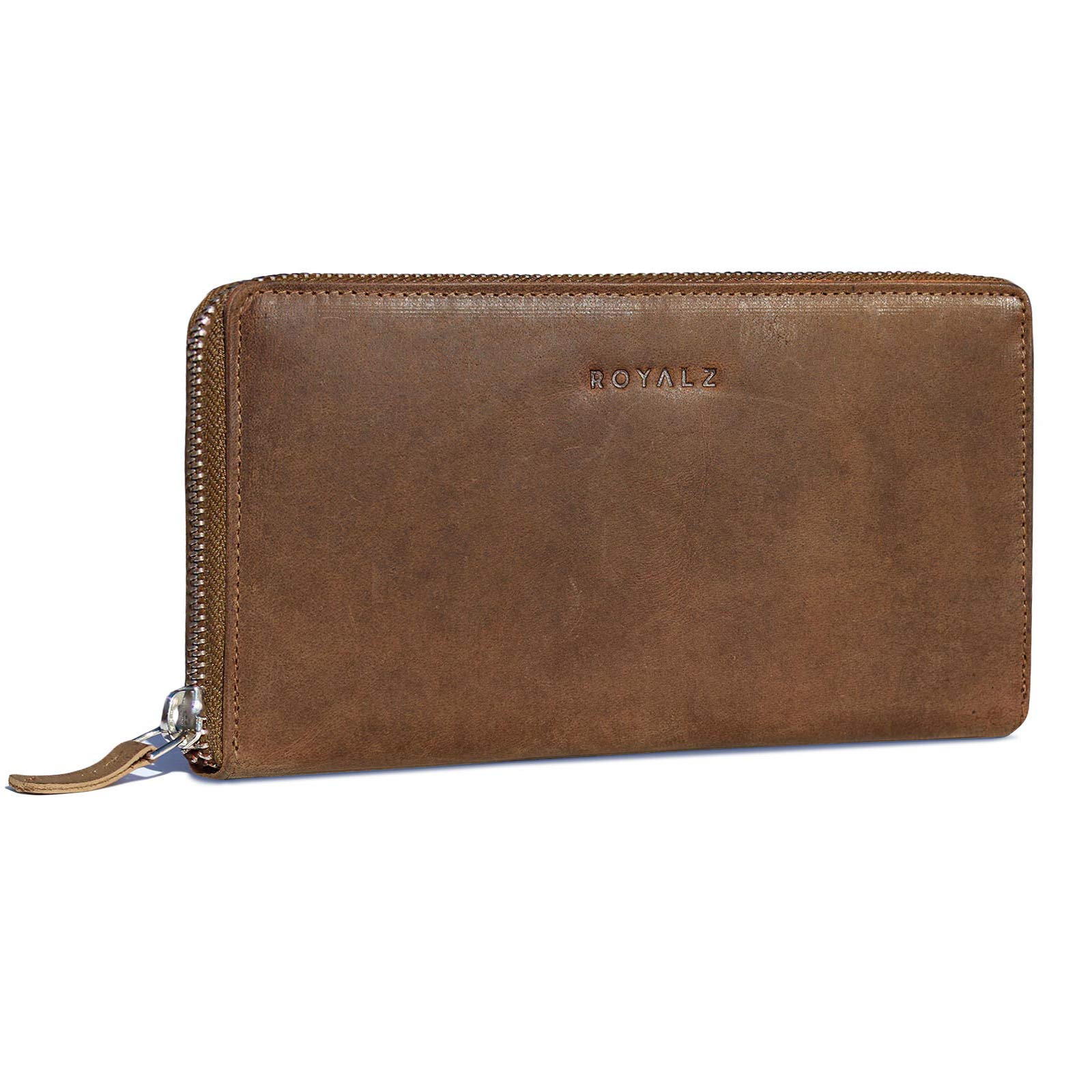 ROYALZ 'Lilly' Vintage Wallet for Women with RFID Blocker Made of Real Buffalo Leather Purse Landscape Format Classic Pocket Large, Color:Sonora Brown
