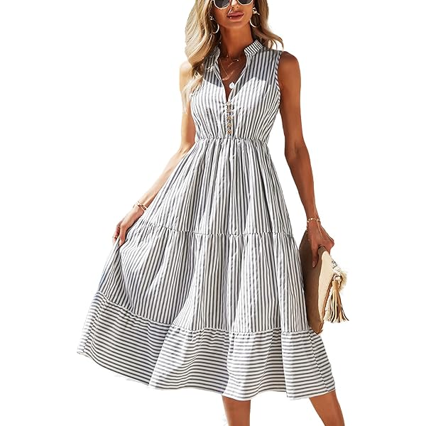 LYANER Women's V Neck Stripe Midi Dress - High Waist Puff Sleeve Tiered Ruffle Hem Swing Dress