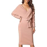 Seta T Women's V Neck Sweater Dress Batwing Sleeve Wrap Backless Knit Fall Midi Dress with Belted