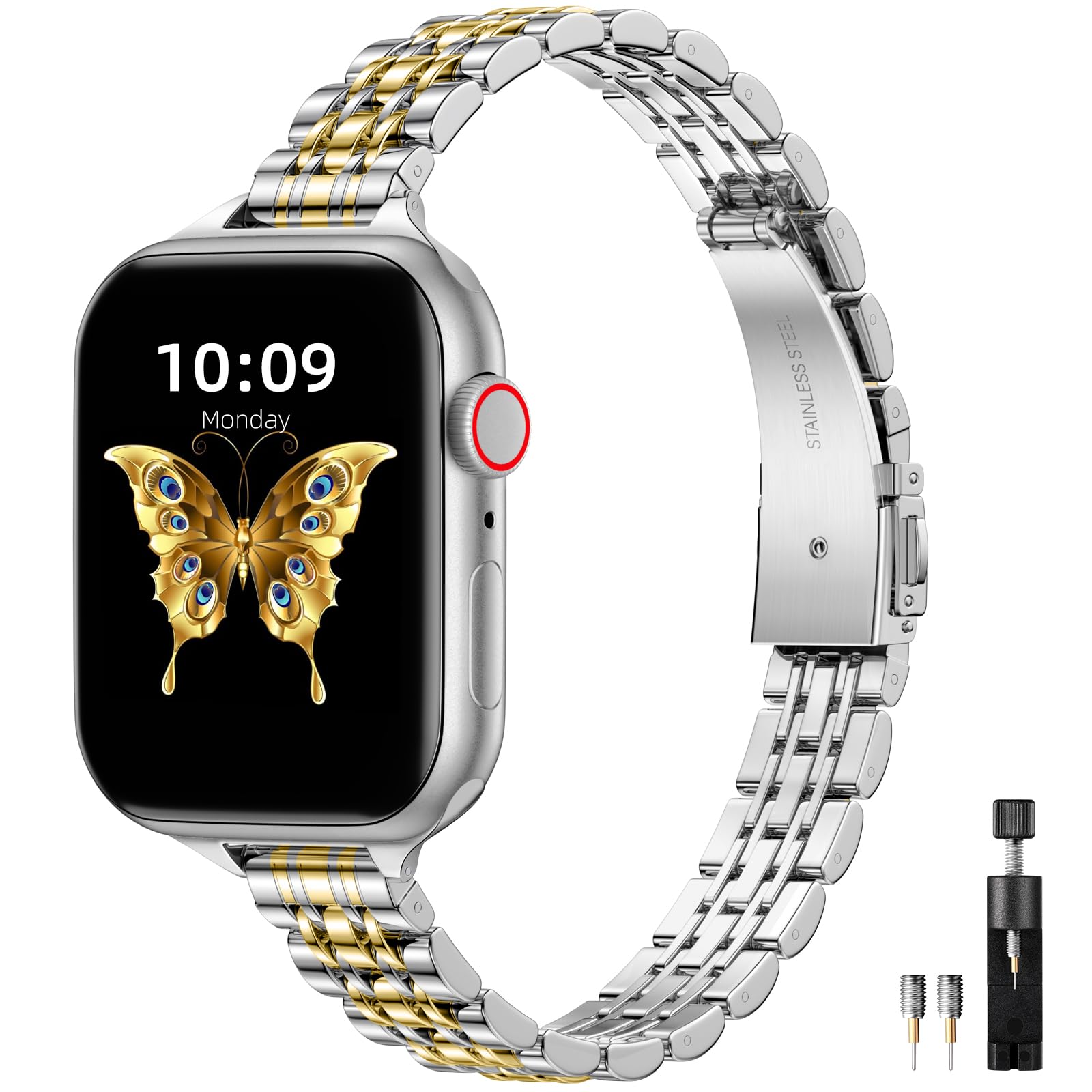 Maledan Metal Straps Compatible with Apple Watch Strap 40mm 41mm 38mm for Women/Men, Adjustable Stainless Steel Replacement Band for iWatch Series 9 8 7 6 5 4 3 2 1 SE 2/1 Ultra 2/1, Silver/Gold