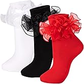 NiceBaby Women's Big Ruffle Socks Double Lace with Bows (Size 5-11, 3 Pairs)
