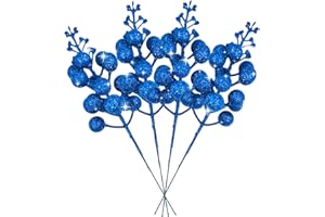 ZEBMOON 36Pcs Blue Christmas Glitter Berries Stems, 7.5 Inch Artificial Christmas Picks, Glitter Berry Branches, Berry Holly Picks Stems for Christmas Tree Ornaments, DIY Xmas Wreath Party Home Decor