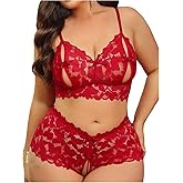 SOLY HUX Women's Plus Size Lace Lingerie Set Cut Out Wireless Bra and Boyshorts Underwear Sets