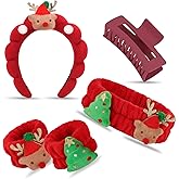 Wecoe Christmas Spa Headband & Wristband Set for Washing Face Red Facial Skincare Makeup Headband Puffy Sponge Bubble Head Band Bow Tie Hair Band Hair Clips Women Girls Accessories Gifts