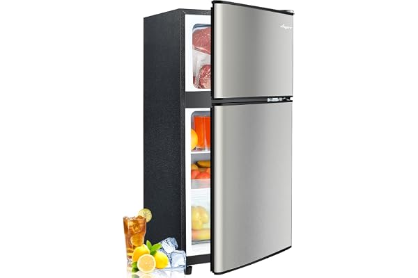 Anypro 3.2 Cu.Ft Fridge with Freezer, 2 Door Refrigerator with 7 Level Thermostat, LED Light, Adjustable Removable Glass Shelves for Bedroom, Office, Dorm, Apartment, Silver