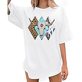 Western Shirts for Women Cowgirl Shirt Vintage Cow Skull Graphic Tee Oversized Cowboy Aztec Short Sleeve Top