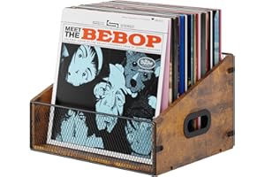 Yuzehuaza Vinyl Record Storage Holder, Trapezoidal LP Vinyl Record Crate with Handle, Wood & Metal Album Storage Desktop Organizer Box for Books Files, Rustic Brown