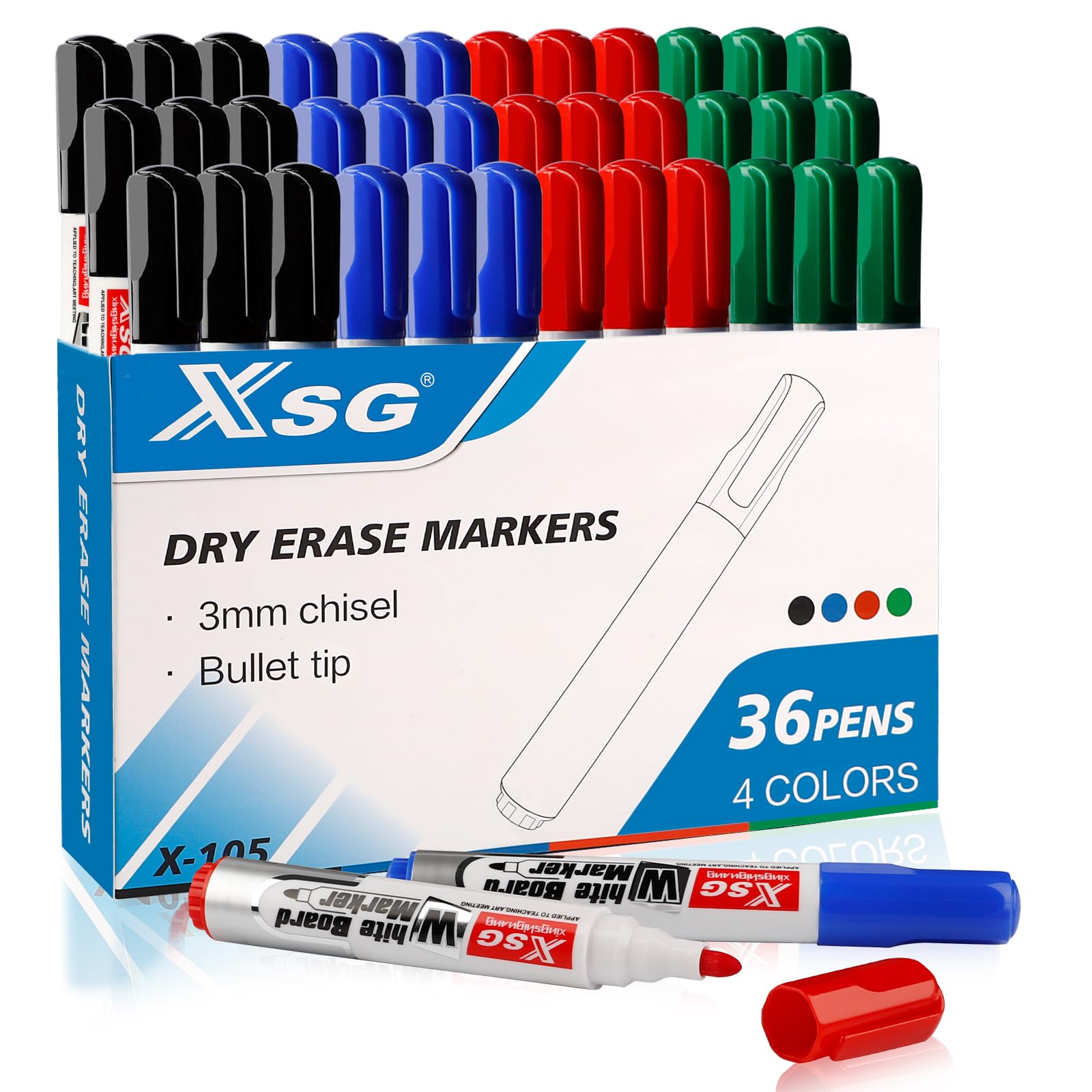 ABEIER Whiteboard Pens Markers, 4 Assorted Colors Dry Erase Markers, Home Office Supplies, Bullet Tip Low Odour (Pack of 36)