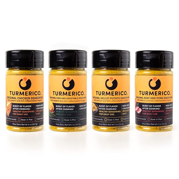 TURMERICO SEASONING FULL SET, DAILY COOKING, ANTI-OXIDANT, ANTI-INFLAMMATORY SUPPORT, 4 PK OF 2OZ EACH (CHICKEN, BEEF AND PORK, FISH AND VEGETABLE, SKILLET POTATOES), NON-SPICY LOW SODIUM,GLUTEN FREE