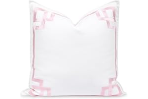 Hofdeco Premium Coastal Patio Indoor Outdoor Throw Pillow Cover Only, 20"x20" Water Repellent for Backyard, Couch, Blush Pink Embroidered Frame Greek Key