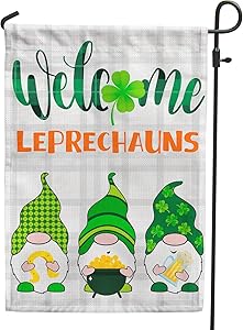 PAMBO Welcome Leprechauns ST Patricks Day Garden Flag 12x18 Double Sided Burlap,Shamrocks Gnomes Flag for Saint Patricks Day Outside Decoration
