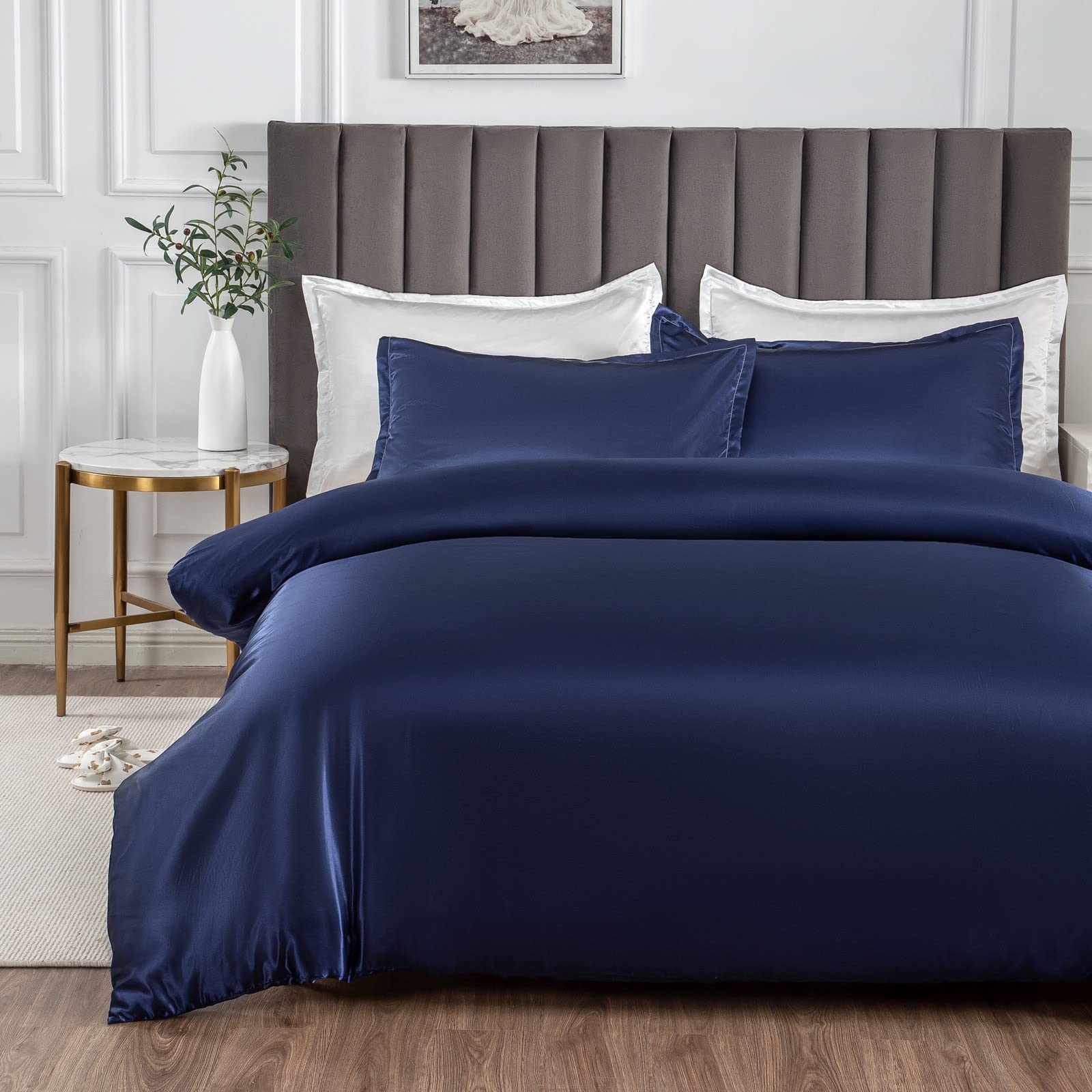 Morbuy Satin Duvet Cover Set Single - Silky Bedding Set for Hair and Skin Care, Luxury Silk Feel Aesthetic Navy Blue Bedding with 2 Pillowcases, Durable 105GSM High-Density Fabric, 135x200cm