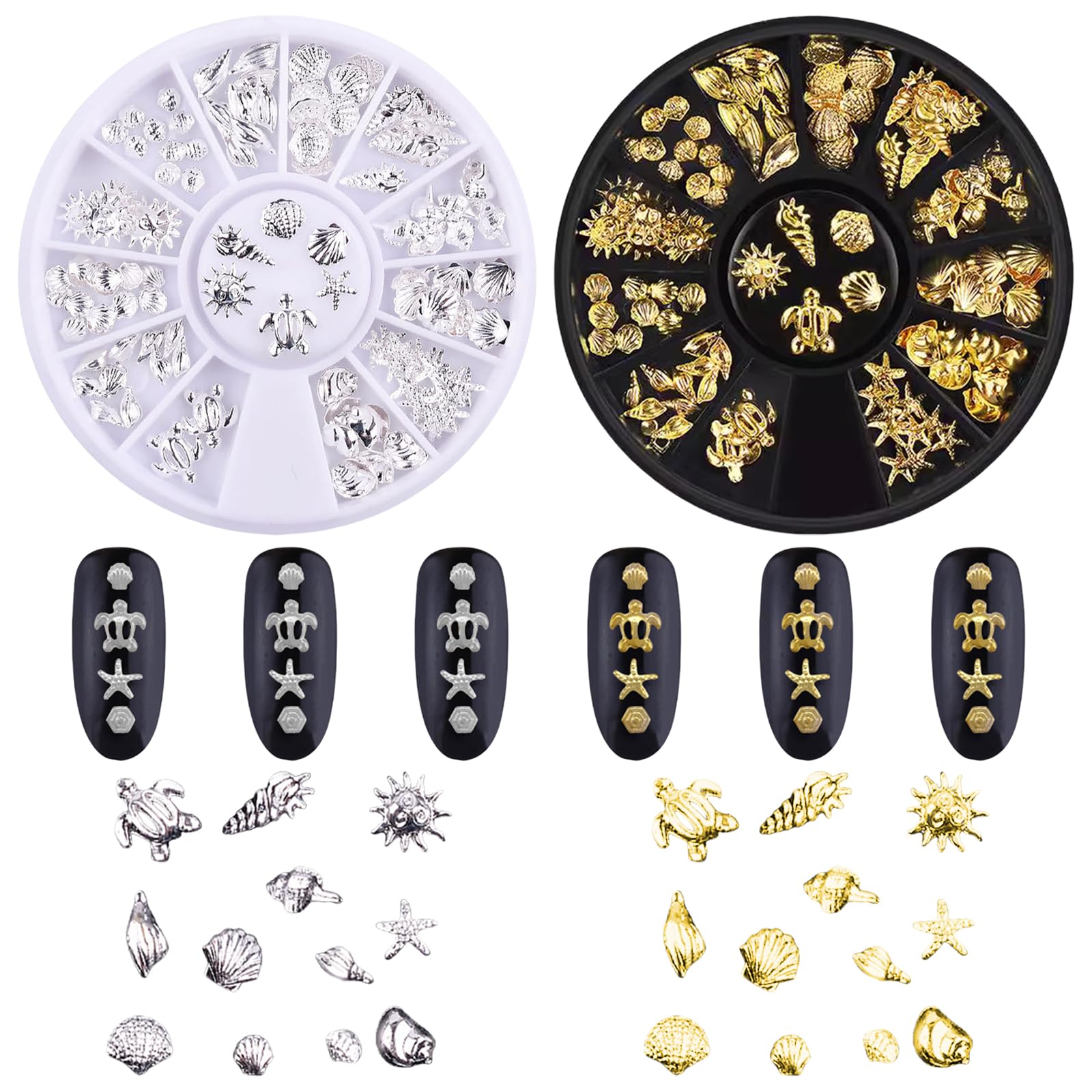 Nail Art Decoration, 2 Boxes Metal 3D Ocean Nail Studs Star Starfish Shell 12 Grid Mixed Sizes Nail Art Decor (2 Count (Pack of 1))