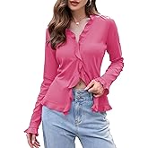 TAIPOVE Women's Long Sleeve Ribbed Shirt Ruffle Front Button Down Going Out Trendy Tops V Neck Fall Winter Blouse