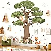 decalmile Woodland Animals Large Tree Wall Stickers Forest Animal Fox Rabbit Hedgehog Wall Decals Kids Room Baby Nursery Bedroom Wall Decor