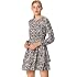 Allegra K Women's Leopard Print A-Line Dress - Navy Blue Pleated Fit & Flare - Long Sleeve With Elastic Waist - Size L (US 14)