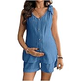 OYOANGLE Women's Maternity 2 Piece Outfits Textured Tie Shoulder Button Tank Top Shorts Summer Lounge Set