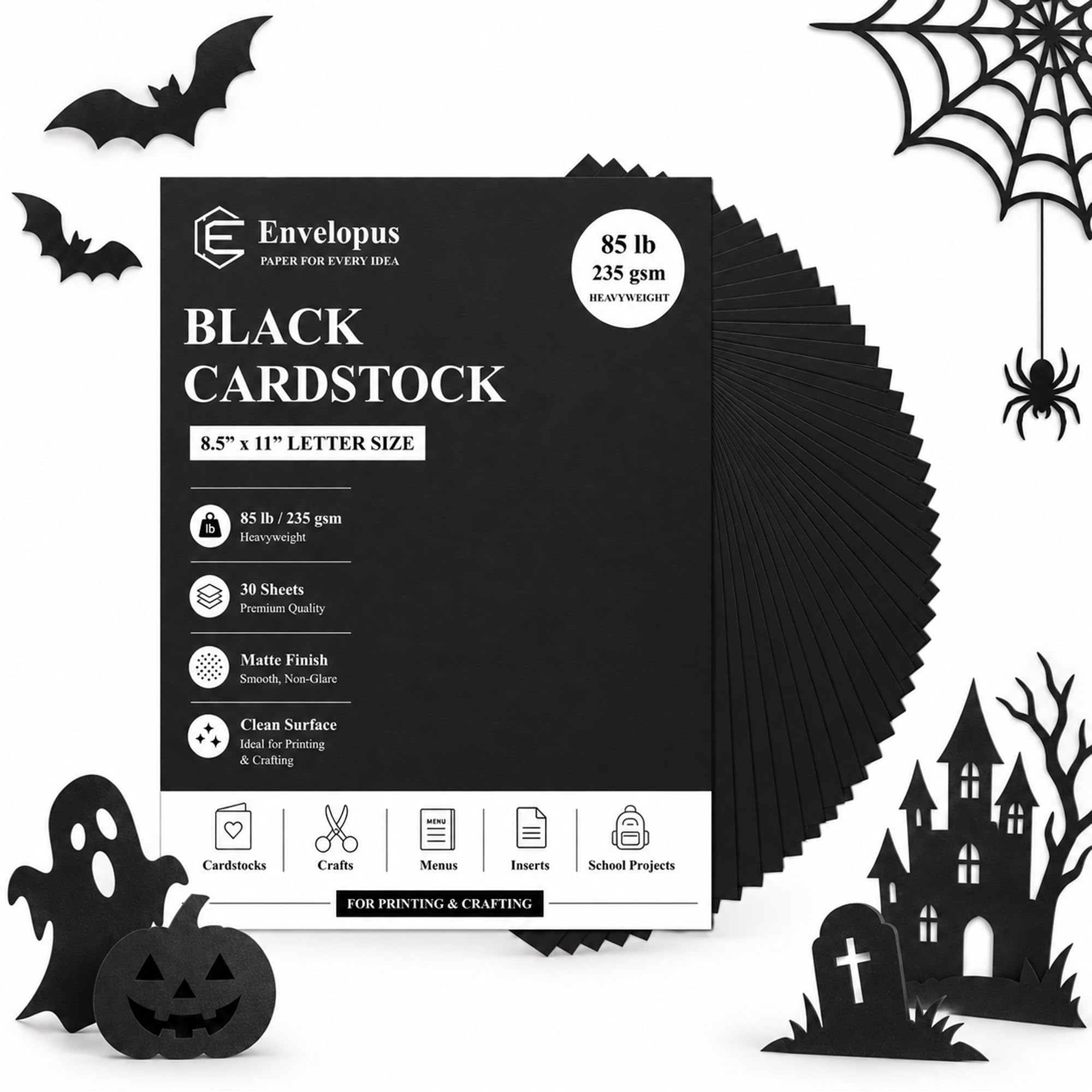 Envelopus Black Cardstock 8.5 x 11, 30 Sheets Black Construction Paper 85lb | Black Card Stock Paper, Printer Cardstock Paper