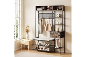 VEVOR Hall Tree, 70.9 in Coat Rack with Shoe Bench & 2 Drawers, 3-in-1 Freestanding Shoe Rack Storage Organizer with Bookshel