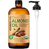 Yoken Organic Almond Oil 32 fl oz 100% USDA Pure Cold Pressed Glass Bottle Almond Oils for Skin, Hair, Face, Body Moisturizer, Smooth and Soft Skin, Base Carrier Oil for DIY, Massage