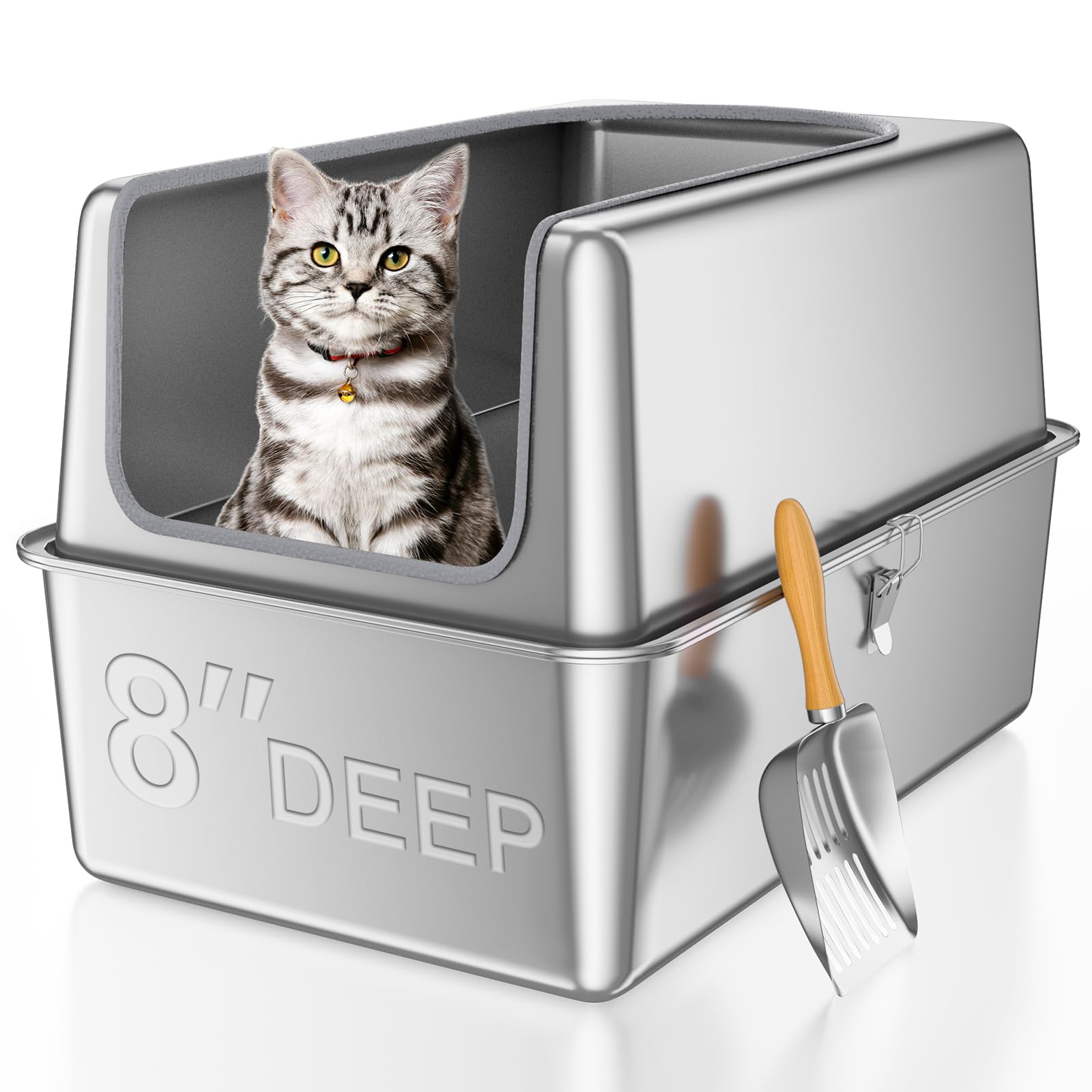 Photo 1 of 16'' High Sides XXXL All Stainless Steel Cat Litter Box with Lid,8'' Deep Metal Litter Box for Big Cats,Extra Large Litter Boxes with High Wall Enclosure,Anti-Leakage,Never Absorbs Odors,Non-Sticky