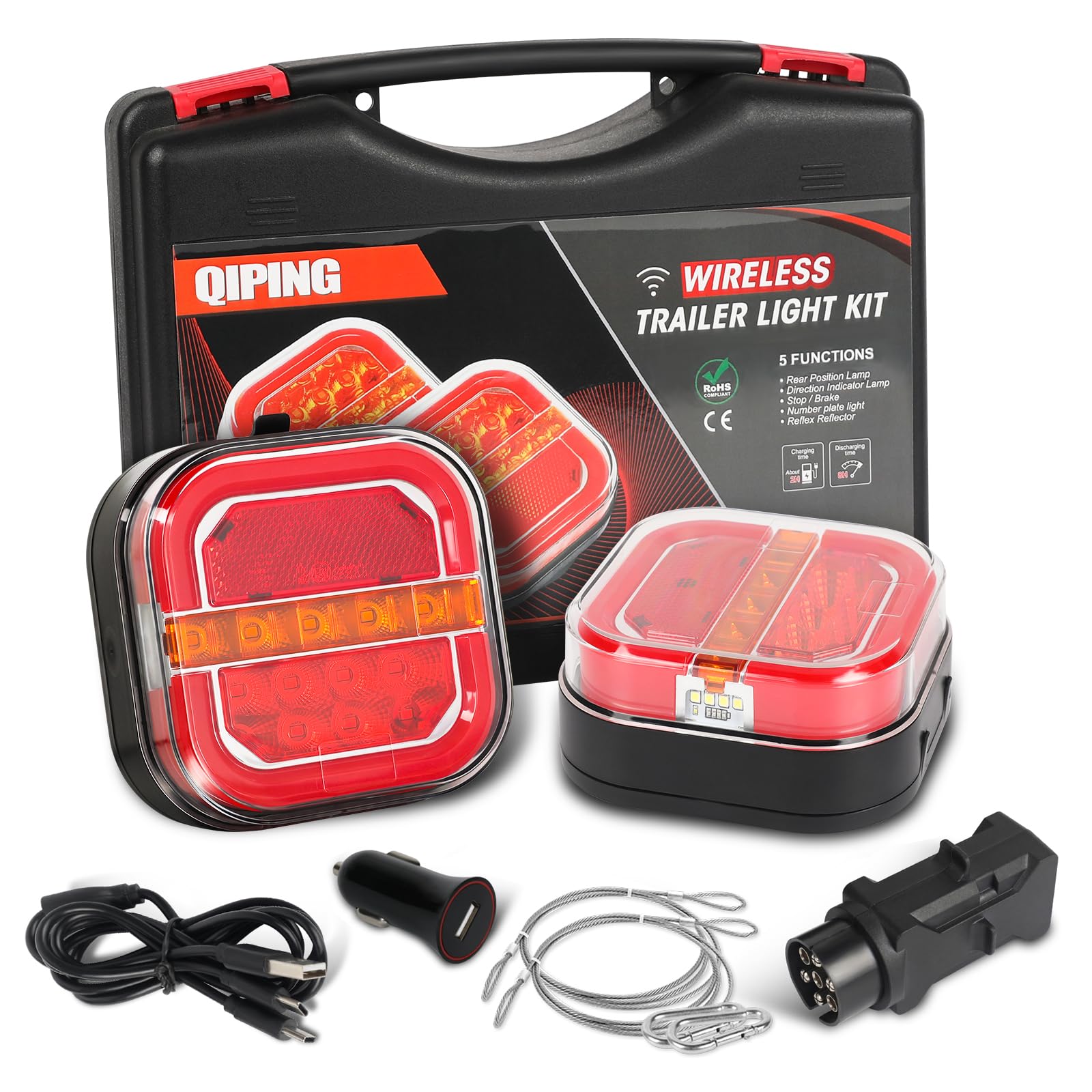 Qiping Wireless LED Trailer Lights Magnetic Kit, 12V Trailer Lighting Board - 5 Functions Magnetic Trailer Lights, Waterproof, Rechargeable, E-Mark E9 Wireless led lights for Truck, Lorry, Caravan