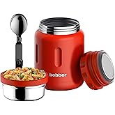 BOBBER 24 oz Insulated Stainless Steel Food Thermo Jar for Hot Food, Extra-Wide Mouth Lunch Container for Adults with Spoon and Bowl, Dishwasher Safe - Keeps Meals Hot for 14 Hours (Red)