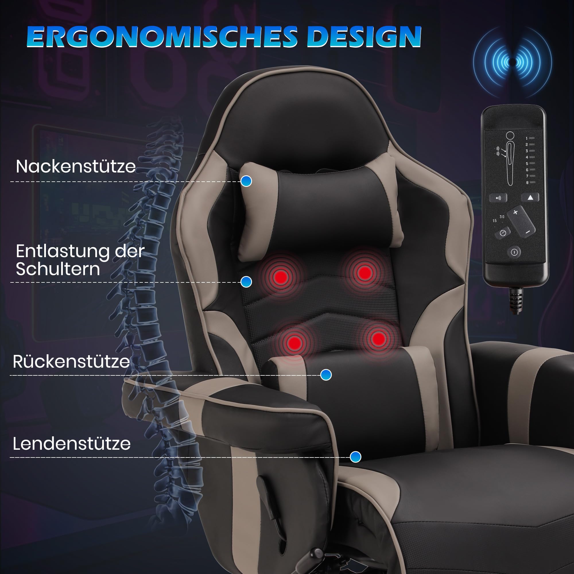 PALLOME Gaming Stuhl mit Massagefunktion, Höhenverstellbarer Gaming Chair mit Ausziehbarer Fußstütze & Getränkehalter, Ergonomischer Bürostuhl mit Kopfstütze, Drehbarer Racing Gamer Chair (Grau) 3