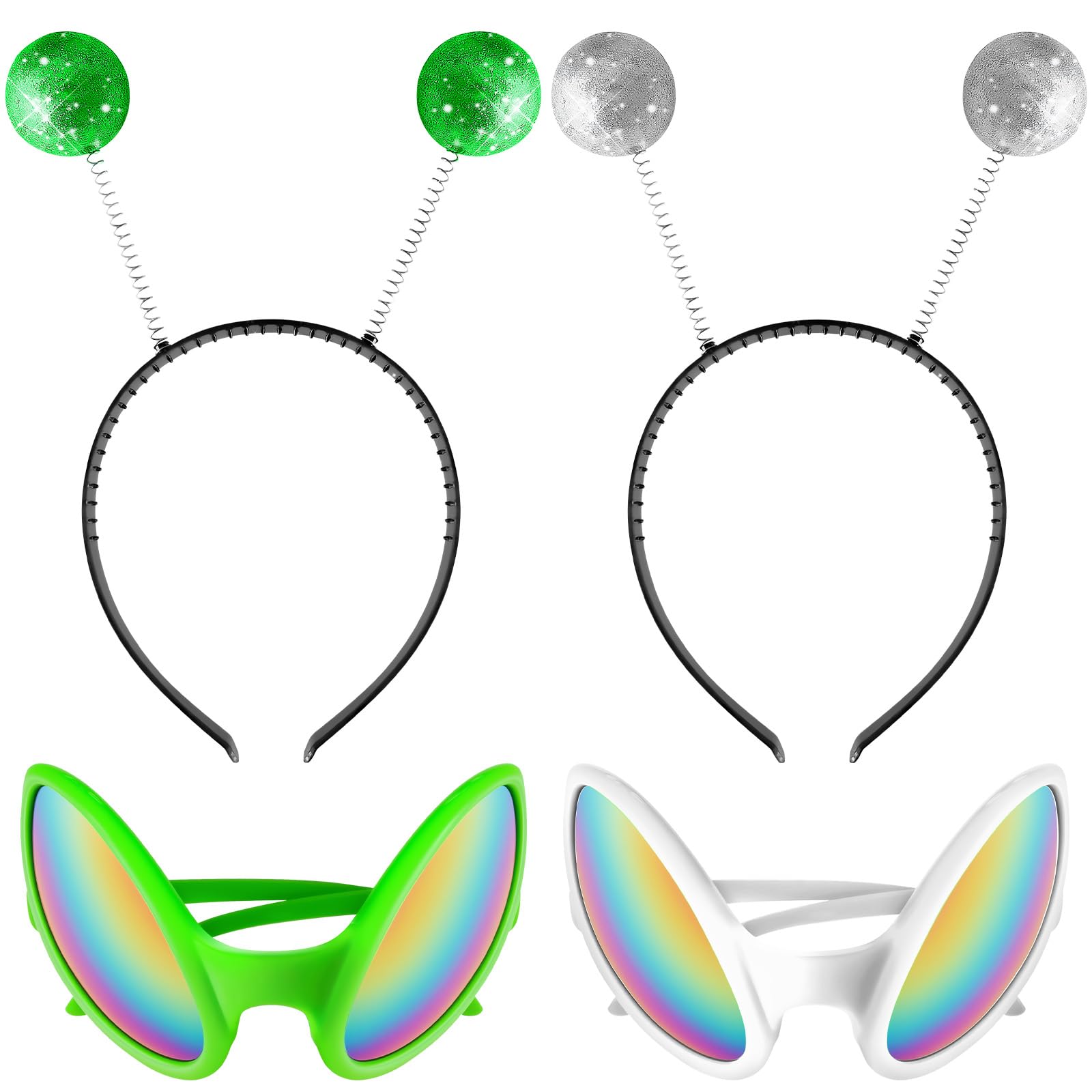 Photo 1 of 2 Set Alien Costume Accessories for Women, Silver & Green Antenna Headband, Holographic Alien Glasses for Halloween, Rave, Music Festival, Cosplay