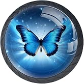 KikandKo 4 Pieces Drawer Knobs Blue Butterfly Kitchen Cabinet Knobs Black Drawer Pulls Dresser Knobs, Glass Knobs for Kitchen Cabinet Hardware Bathroom 35MM