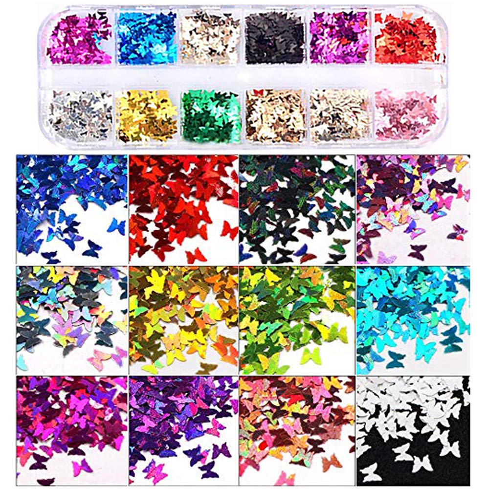 12 Colors Butterfly Glitter Nail Sequins - 3D Nail Art Flakes Colorful Confetti Glitter Sticker Decals Manicure Nail Art Design Makeup DIY Decoration: Beauty