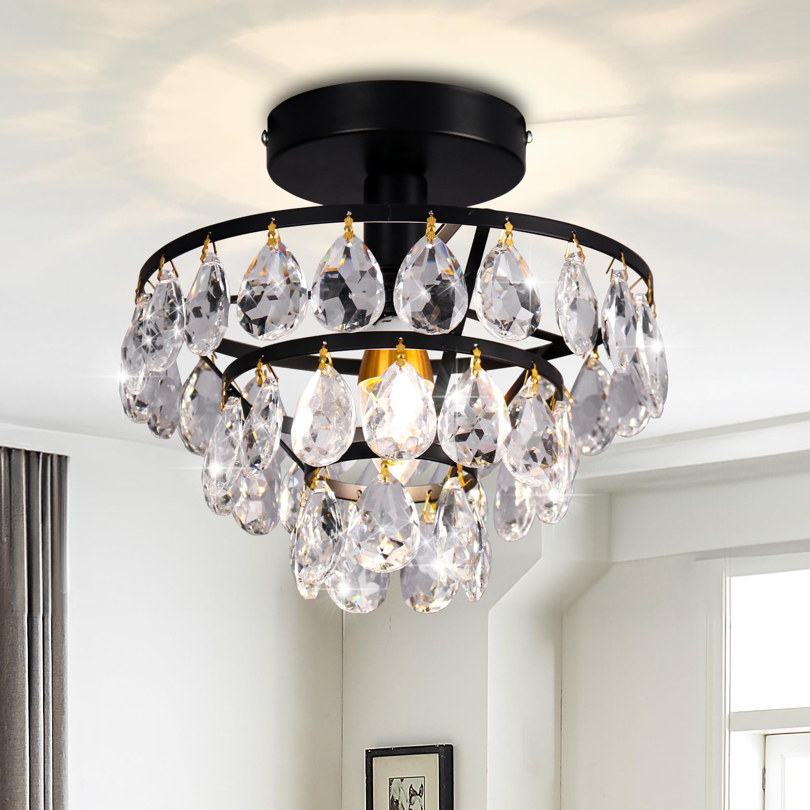 Photo 1 of CLAIRDAI Modern Small Crystal Ceiling Light Fixtures, Mini Chandelier Semi Flush Mount Ceiling Light Fixture, Matte Black Crystal Chandeliers for Hallway Bathroom Closet Bedroom Foyer E12 Base