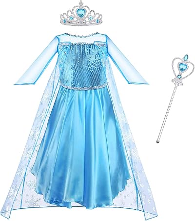 Vicloon Elsa Princess Costume 3pc Dress Crown Wand Blue 6-7 Years