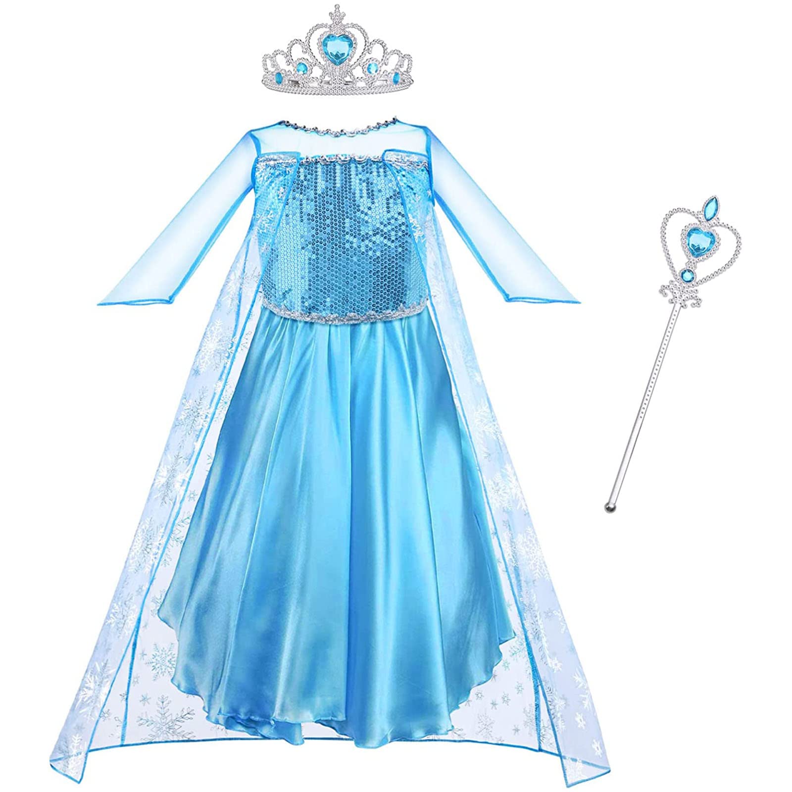 Vicloon Elsa Princess Costume, 3PCS Elsa Costume Dress, Elsa Dress with Fairy Crown Wand for Christening/Party/Pageant/Bridesmaid Princess Kids Dress Ball Gown（4-5 years）