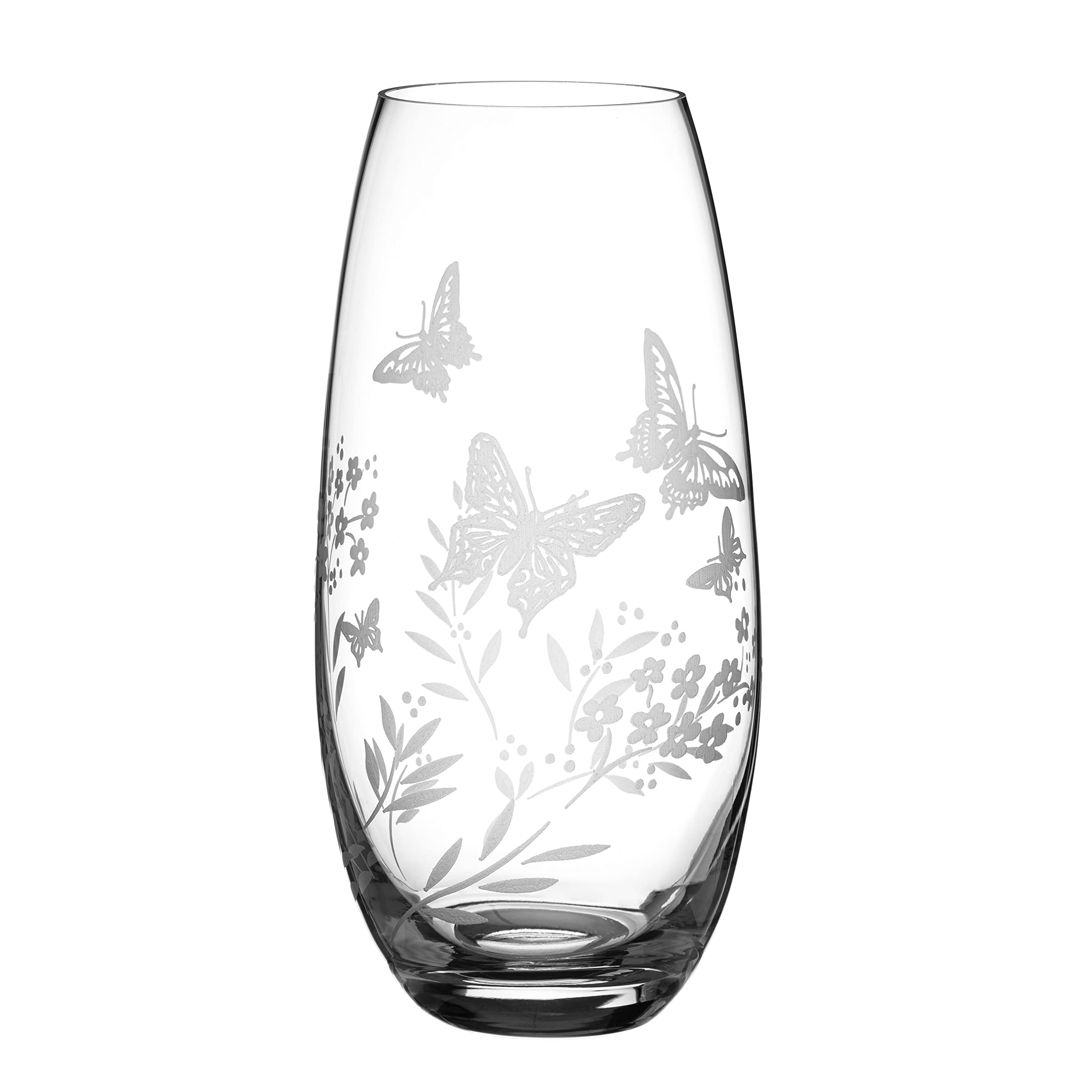 DIAMANTE 'Butterfly' Vase - Hand Etched Butterfly Wild Flowers Floral Pattern Barrel Vase - 25cm tall in gift box