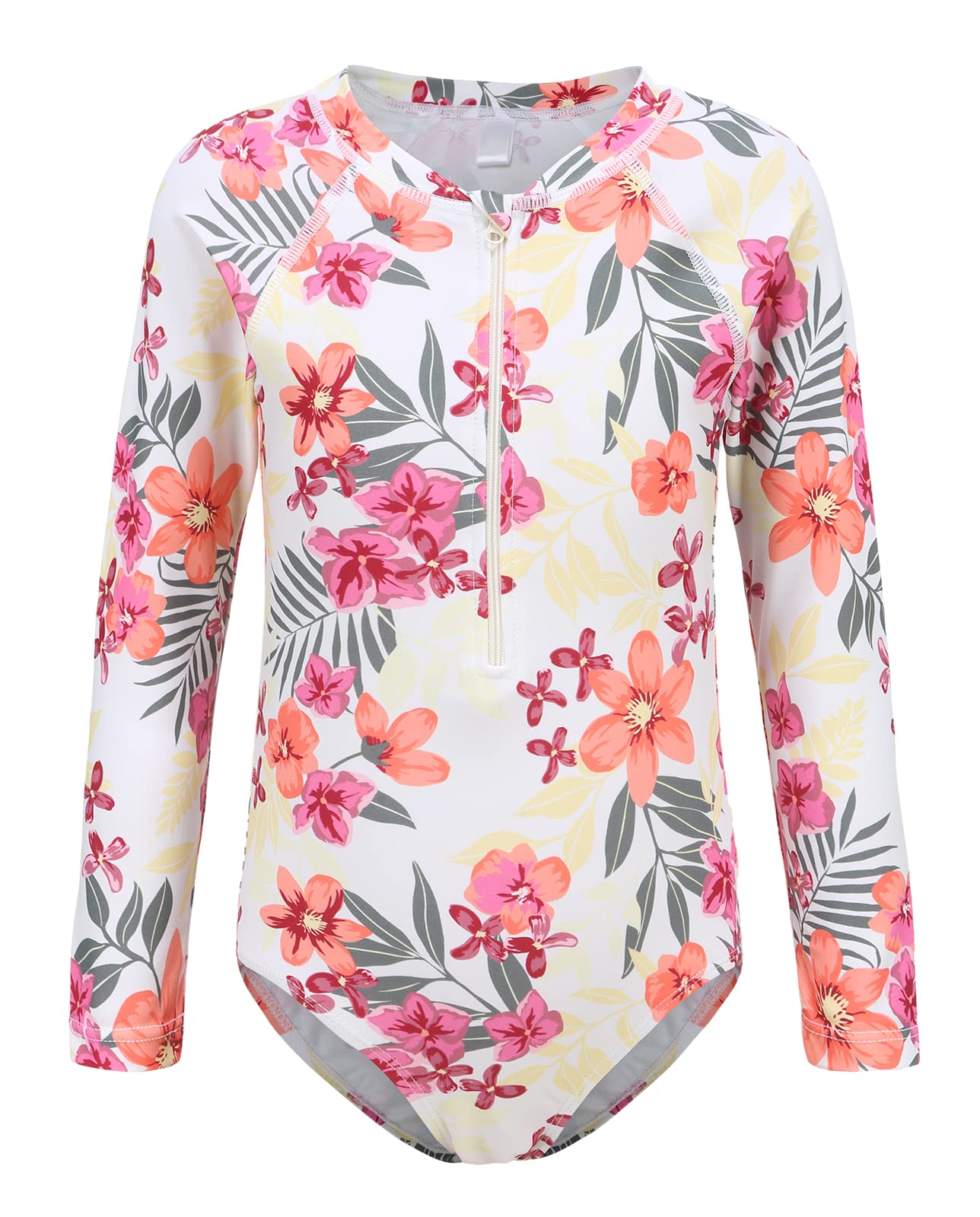 Photo 1 of Lollisy Big Girls One Piece Swimsuits Long Sleeve Rash Guard Bathing Suit for Kids UPF 50+ Hawaiian Swim Shirts Floral Rose Red Size 16/14-16