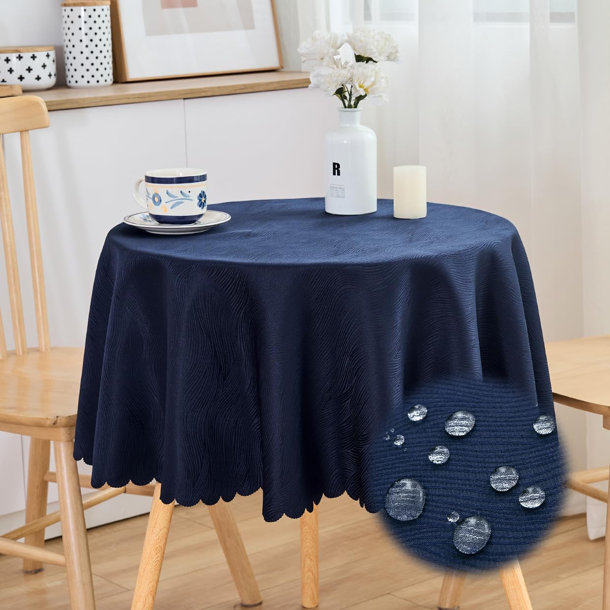 SPRICA Round Jacquard Tablecloth 120cm Water Resistance Solid Colour Table Cover, Water Ripples Pattern Design, Machine Washable, Diameter 120cm, Navy Blue