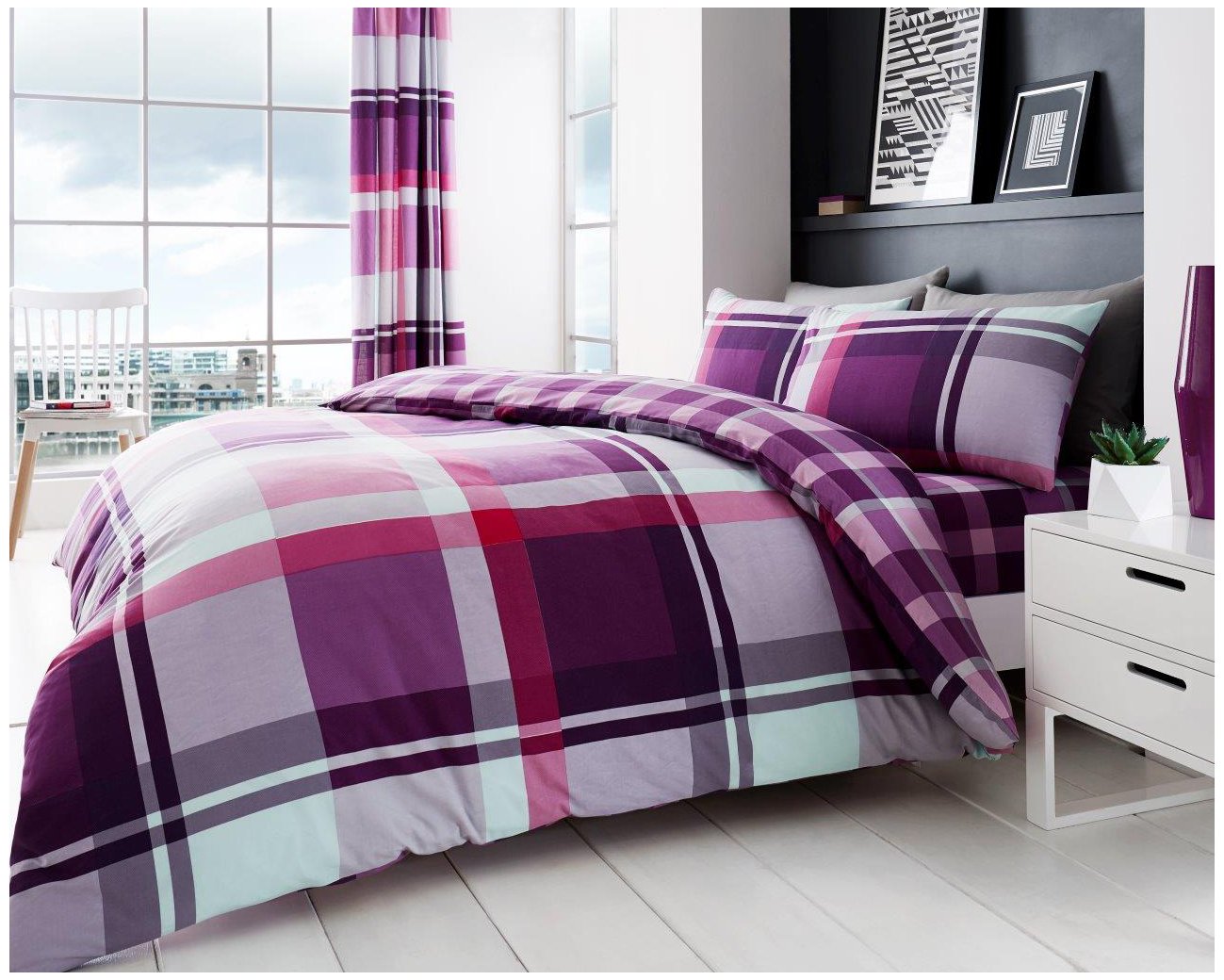 Checkered Duvet Cover Sets, Soft & Warm Polycotton Printed Bedding Double Bed Set,3 pieces, Purple