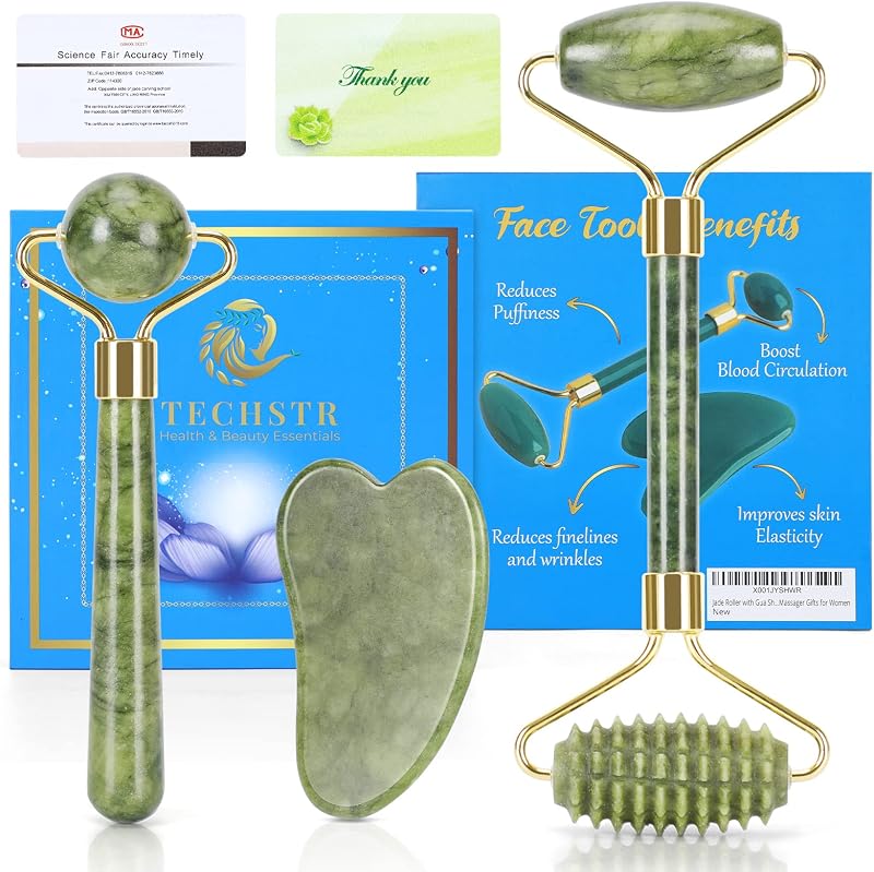TECHSTR Jade Roller Gua Sha Set - Eye Puffiness & Skin Tightening