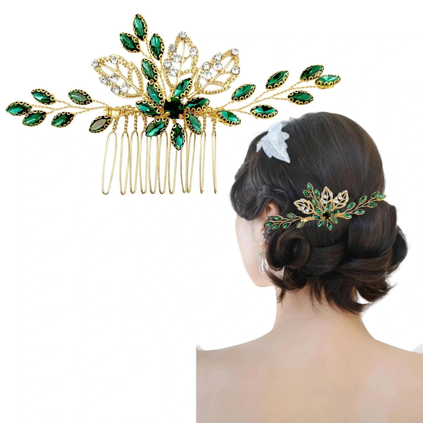 JYTDBCS Bridal Green Gold Crystal Hair Comb,Wedding Rhinestone Hair Side Comb Fashion Hair Clip Handmade Hair Accessories for Bride Wedding Prom Girl Headpieces
