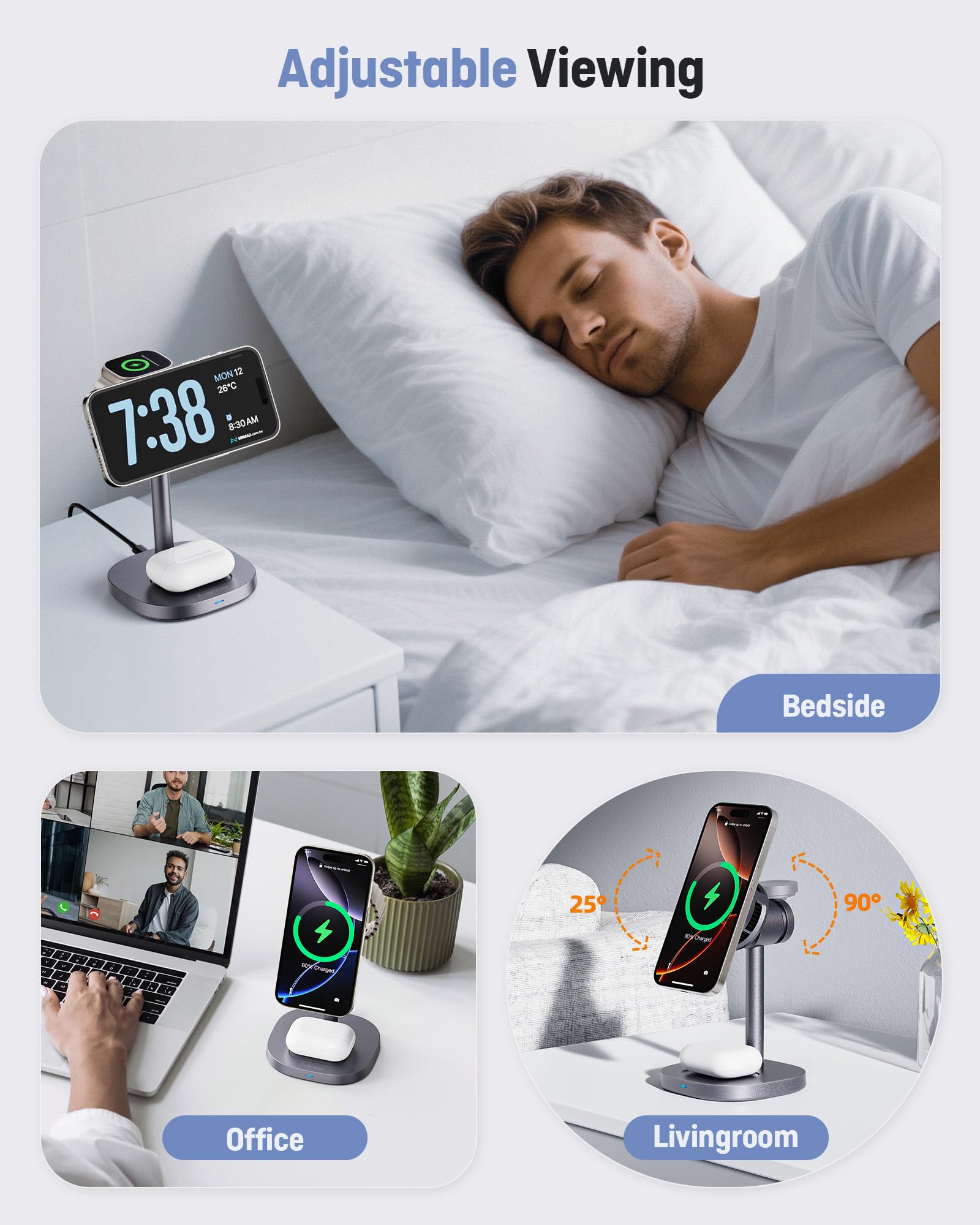 2025 New Magnetic Wireless Charger Stand with Active Cooling Fan, 15W Qi2-Certified 3 in 1 Charging Station for Apple Charger Stand, Wireless Charger for iPhone16/15/14/13/12, Apple Watch, AirPods