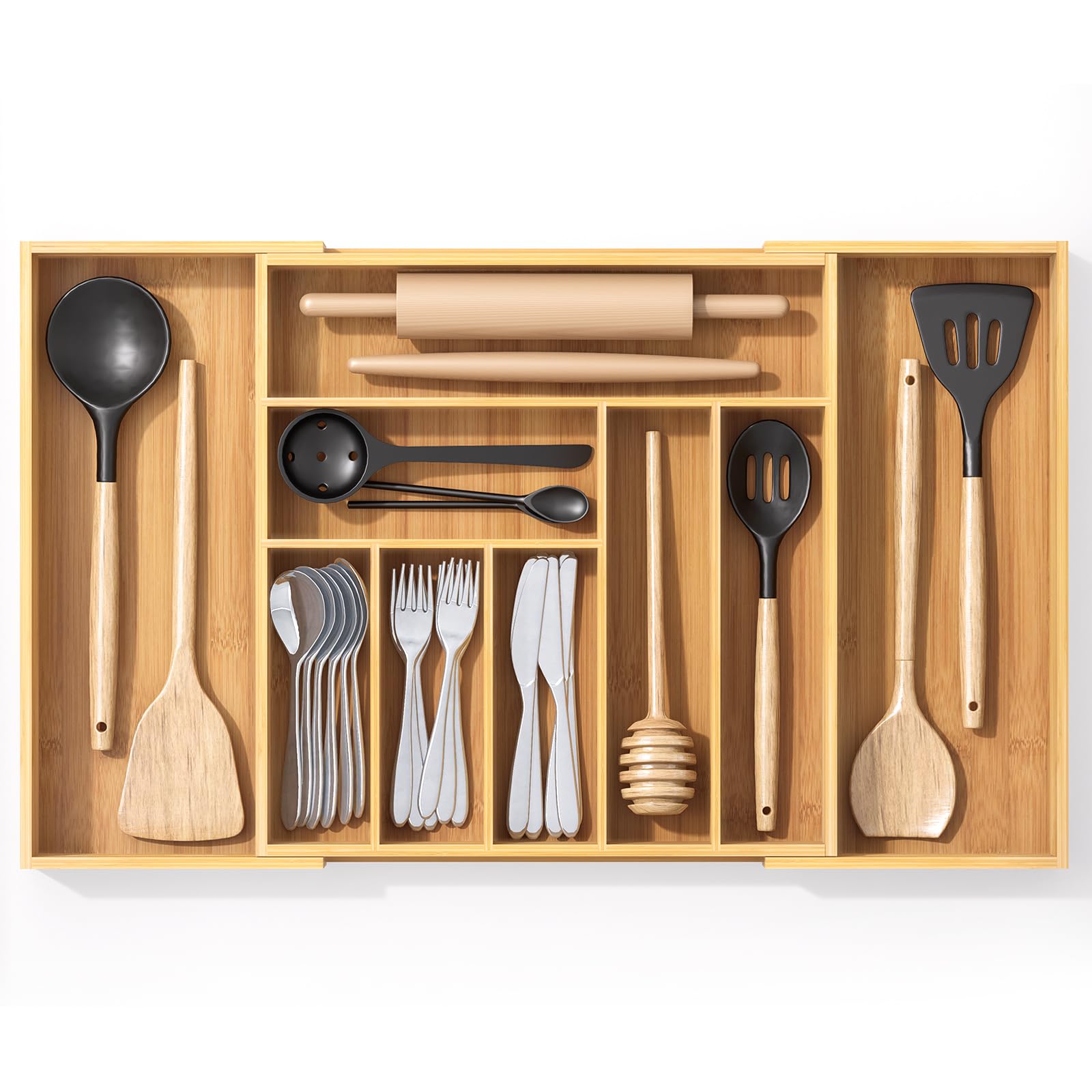 Youpehom Bamboo Utensil Organizer for Kitchen Drawers, Utensil Tray and Cutlery Silverware Holder,Wood Drawer Dividers with 9 Slots