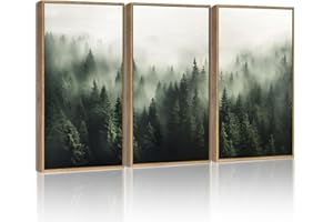SHENIFY Green Fog Pine Tree Forest Canvas Wall Art Large 16x24in Framed Nature Modern Artwork Prints Decor - Natural Framed