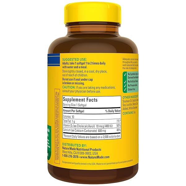 NATURE MADE CALCIUM 600 MG WITH VITAMIN D3, DIETARY CALCIUM SUPPLEMENT FOR BONE SUPPORT, 100 SOFTGELS